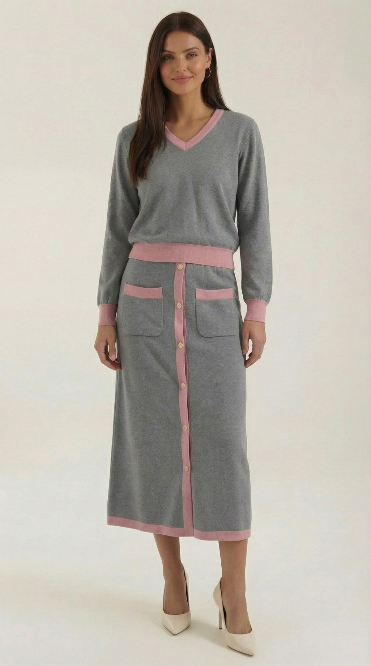 Elena | Conjunto Jersey Cuello en V y Falda Midi Mujer