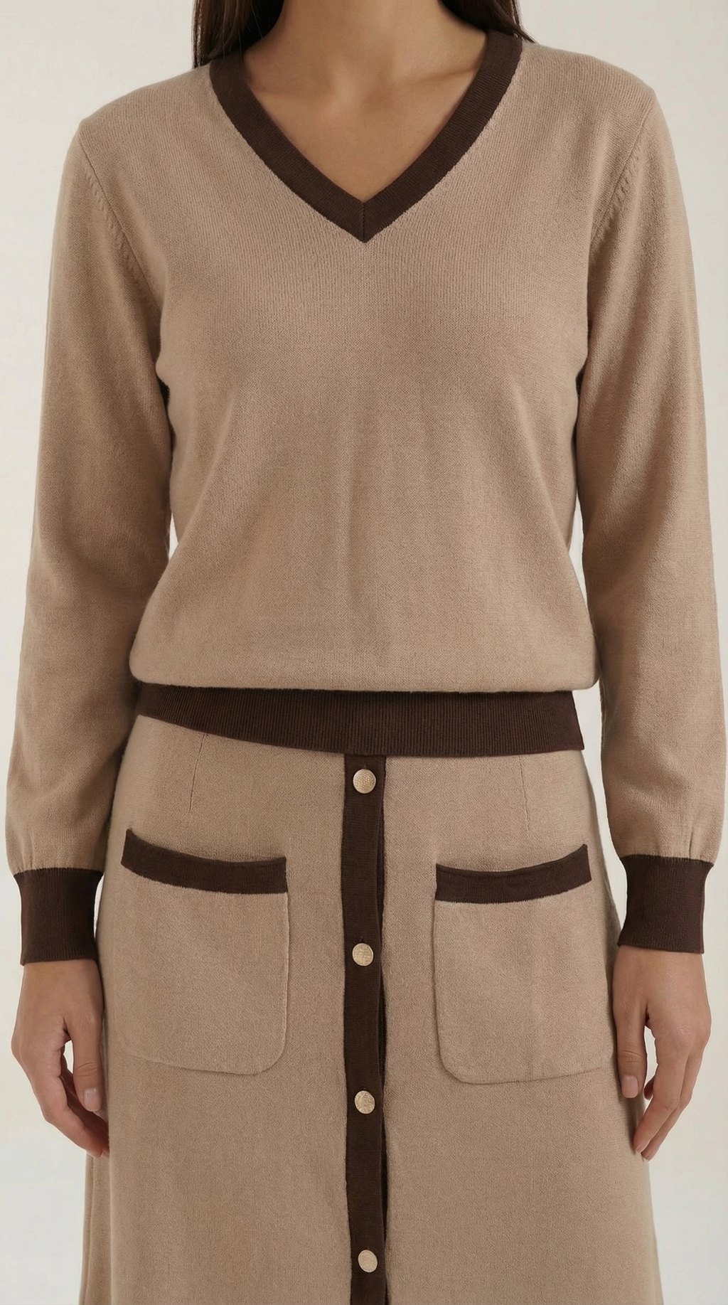 Elena | Conjunto Jersey Cuello en V y Falda Midi Mujer