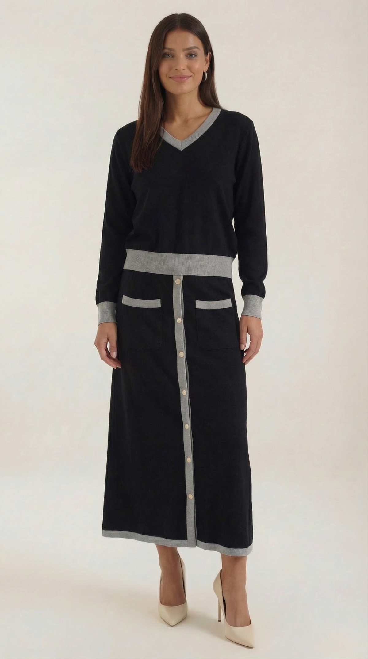 Elena | Conjunto Jersey Cuello en V y Falda Midi Mujer