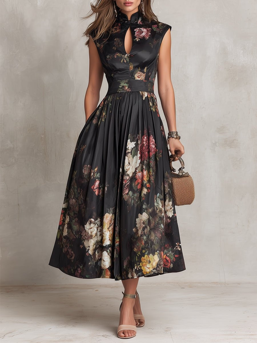 Vestido Midi de Cóctel Estampado Floral Escote Keyhole