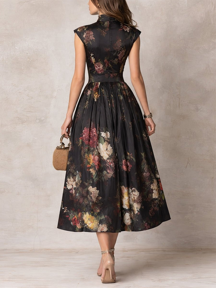 Vestido Midi de Cóctel Estampado Floral Escote Keyhole