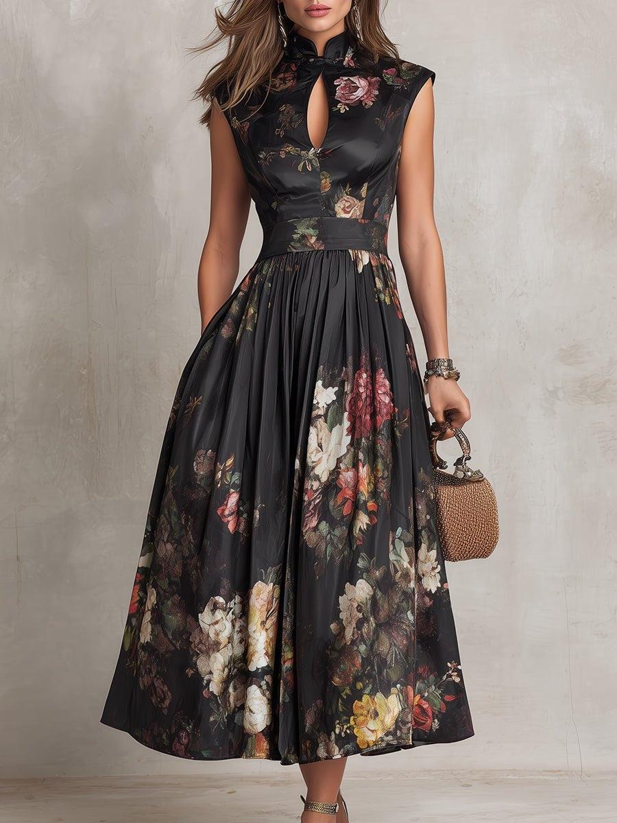 Vestido Midi de Cóctel Estampado Floral Escote Keyhole