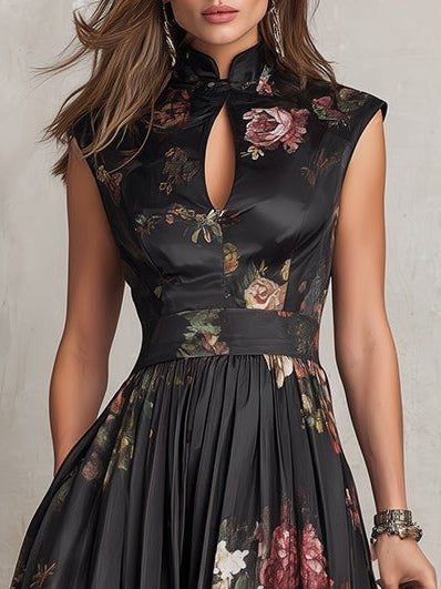 Vestido Midi de Cóctel Estampado Floral Escote Keyhole