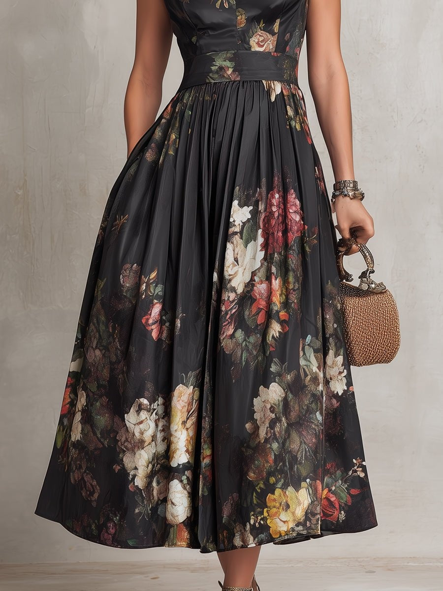 Vestido Midi de Cóctel Estampado Floral Escote Keyhole