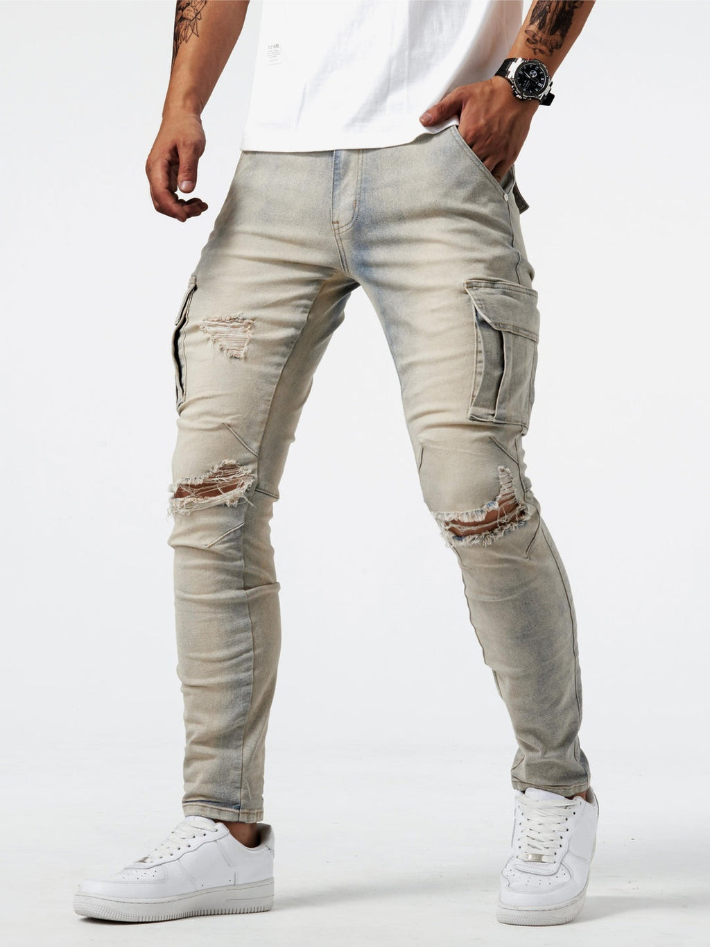 Jeans Cargo Slim con Bolsillos Laterales para Hombre