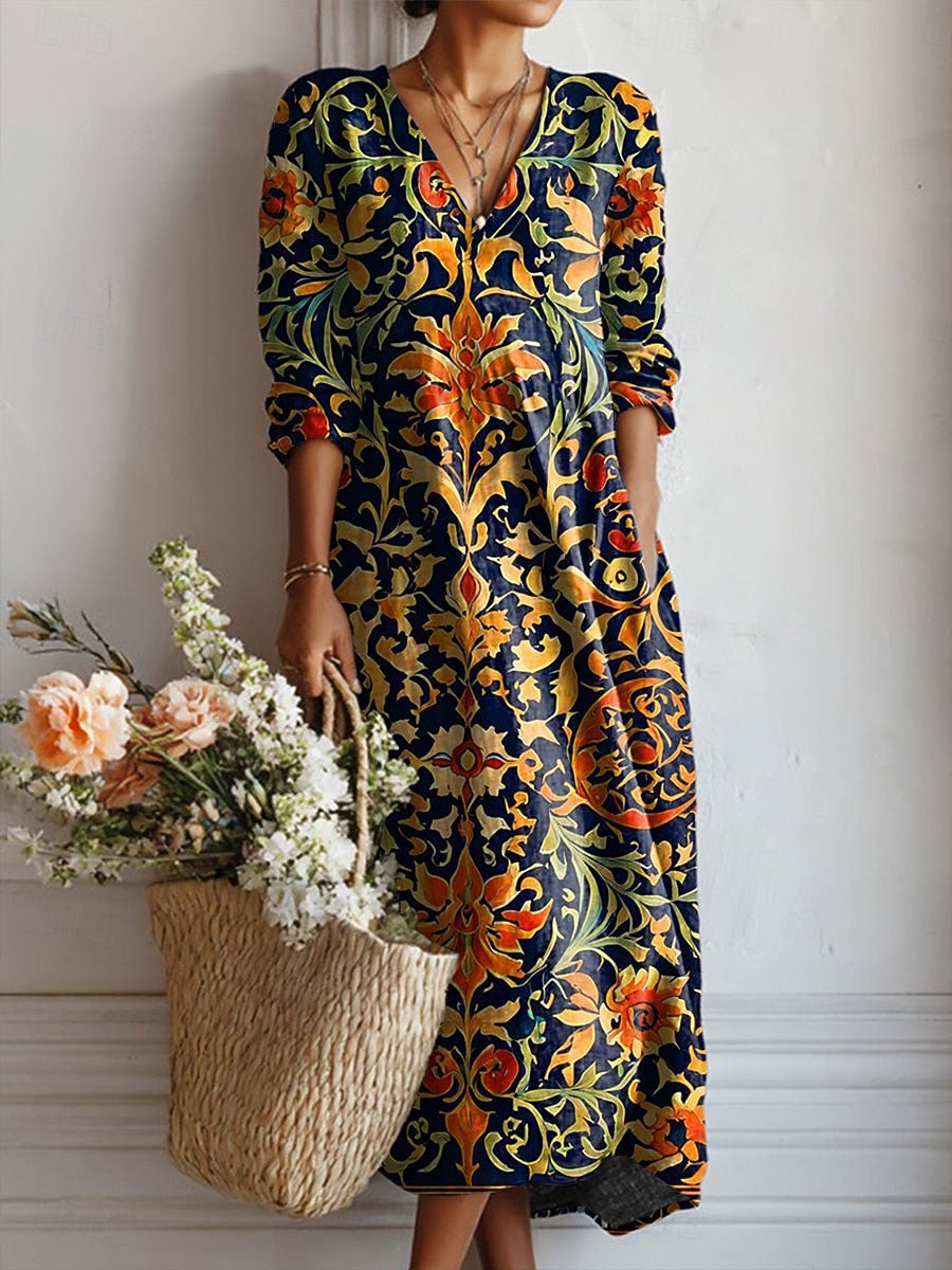 Vestido Boho de Lino Estampado Midi para Mujer
