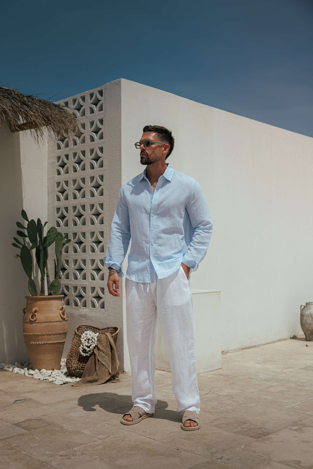 Clásico Lino | Camisa de Lino de Manga Larga Hombre Cuello Clásico