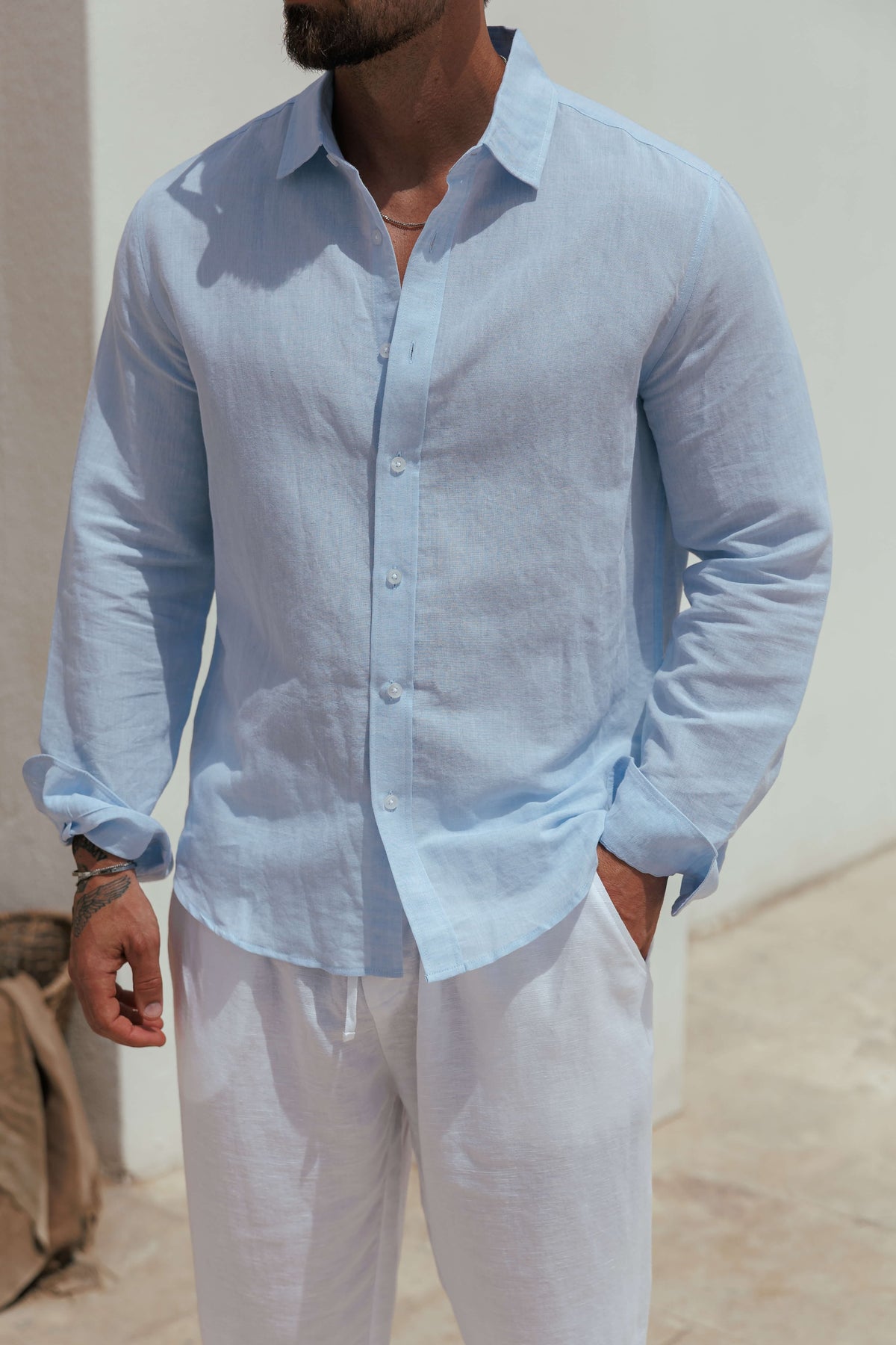 Clásico Lino | Camisa de Lino de Manga Larga Hombre Cuello Clásico