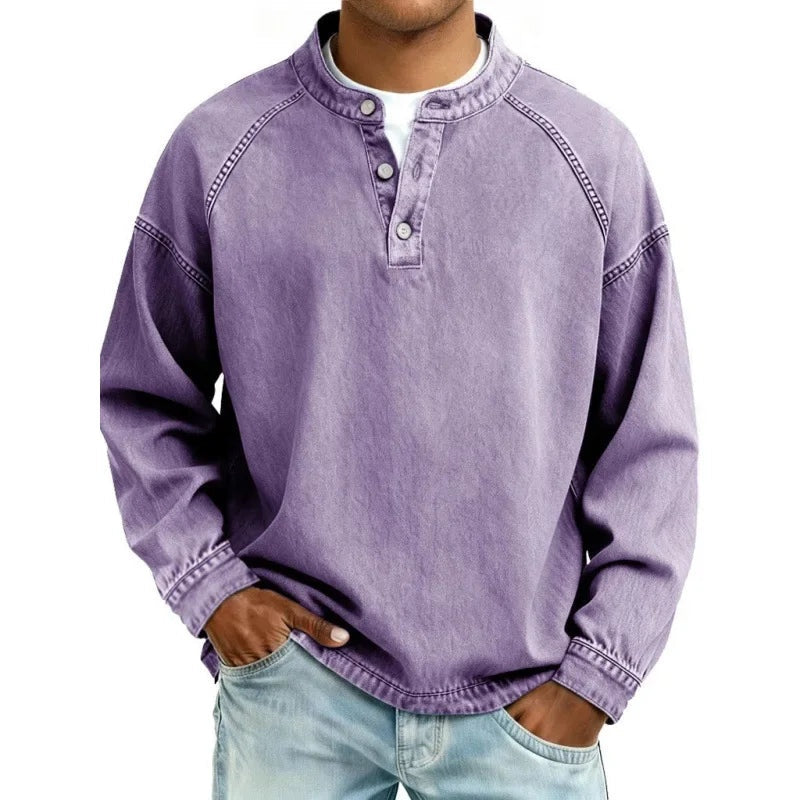 Vaquera Henley | Camisa Vaquera Henley de Manga Larga Hombre Oversize
