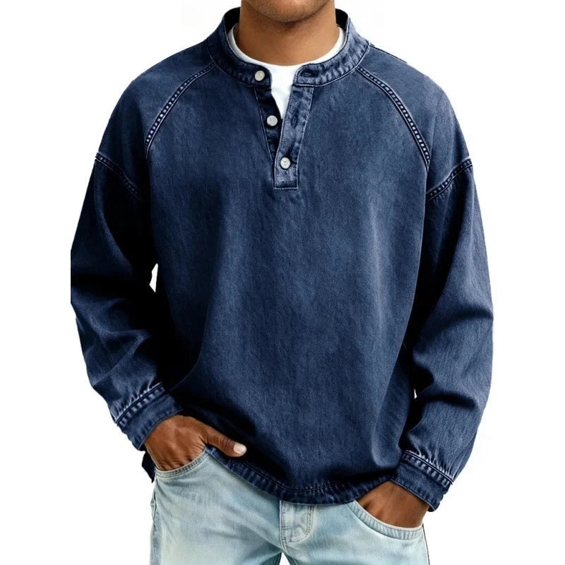 Vaquera Henley | Camisa Vaquera Henley de Manga Larga Hombre Oversize
