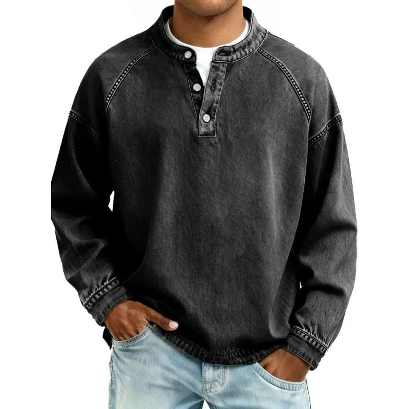 Vaquera Henley | Camisa Vaquera Henley de Manga Larga Hombre Oversize