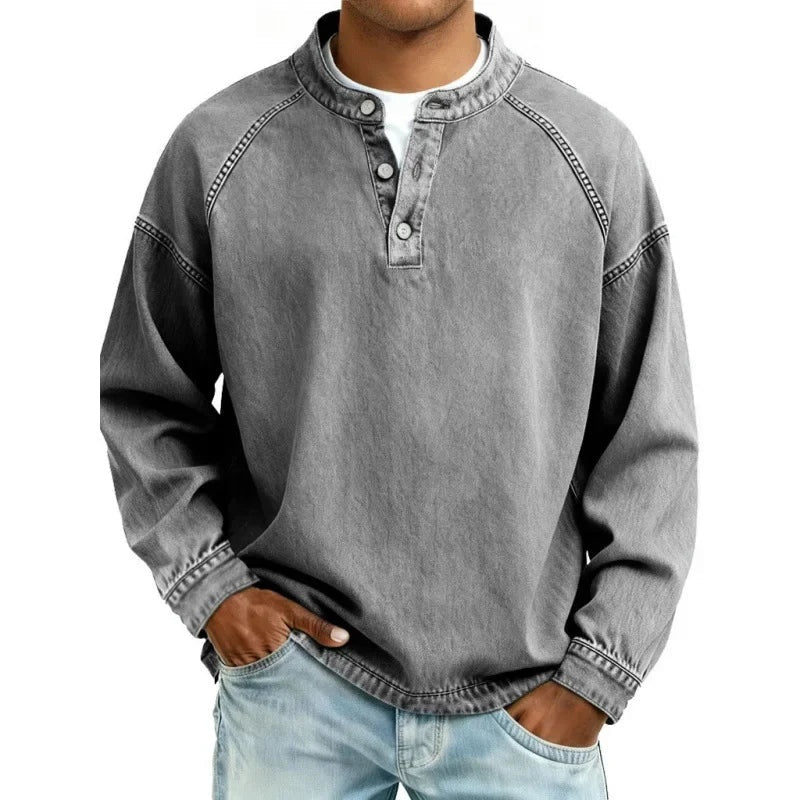 Vaquera Henley | Camisa Vaquera Henley de Manga Larga Hombre Oversize