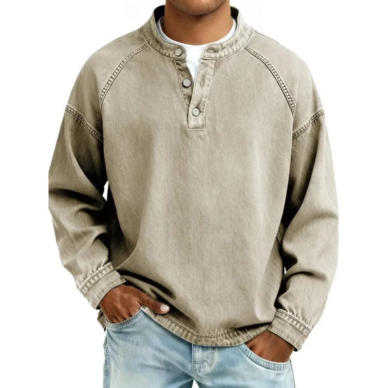 Vaquera Henley | Camisa Vaquera Henley de Manga Larga Hombre Oversize