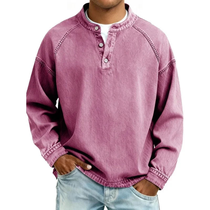 Vaquera Henley | Camisa Vaquera Henley de Manga Larga Hombre Oversize