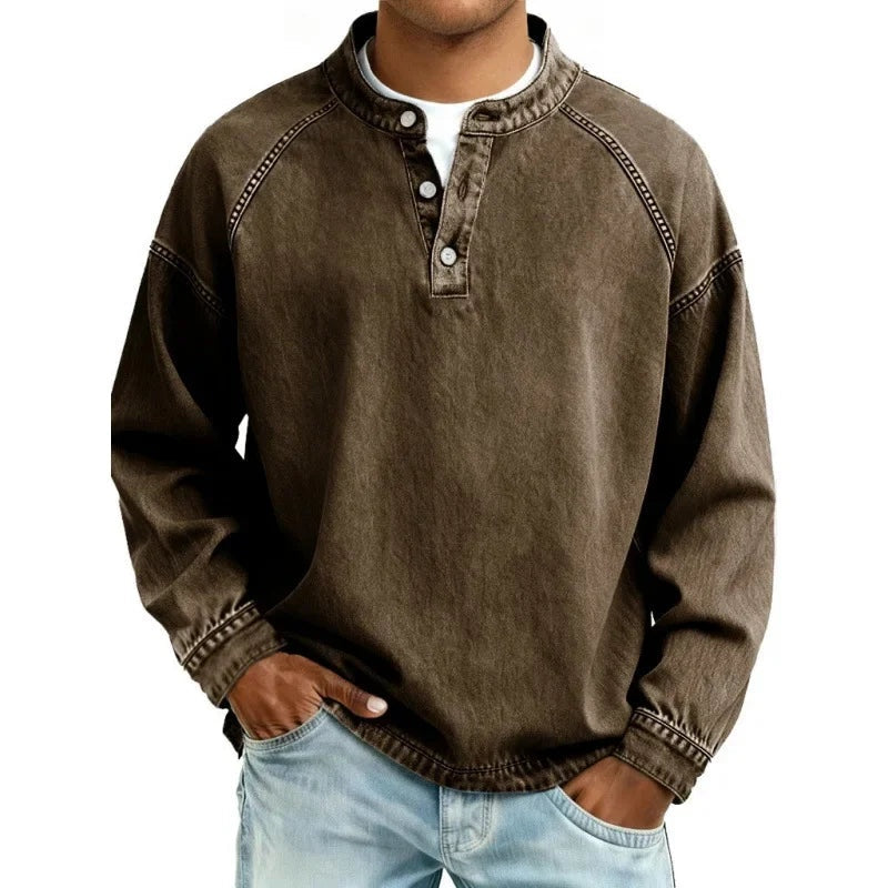 Vaquera Henley | Camisa Vaquera Henley de Manga Larga Hombre Oversize