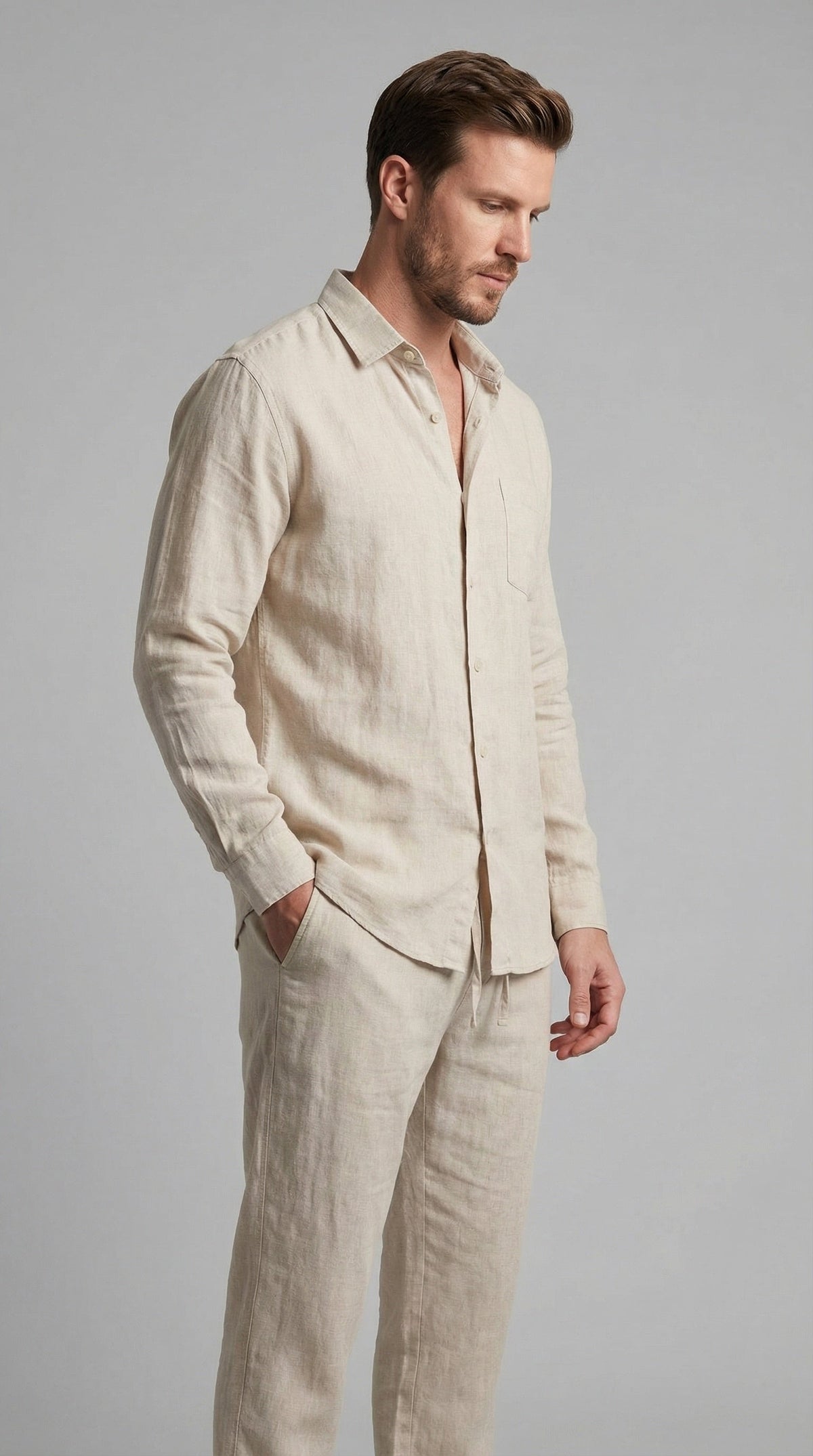 Conjunto de Lino Manga Larga Camisa y Pantalón Hombre