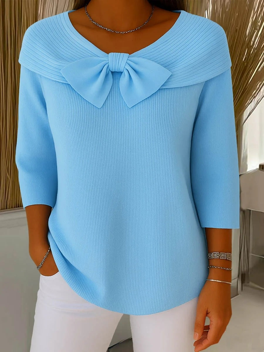 Bardot Chic | Top de Punto con Lazo Mujer Manga 3/4 Cuello Bardot