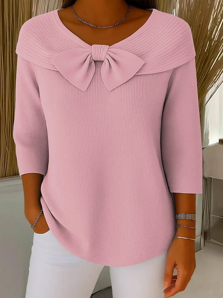 Bardot Chic | Top de Punto con Lazo Mujer Manga 3/4 Cuello Bardot