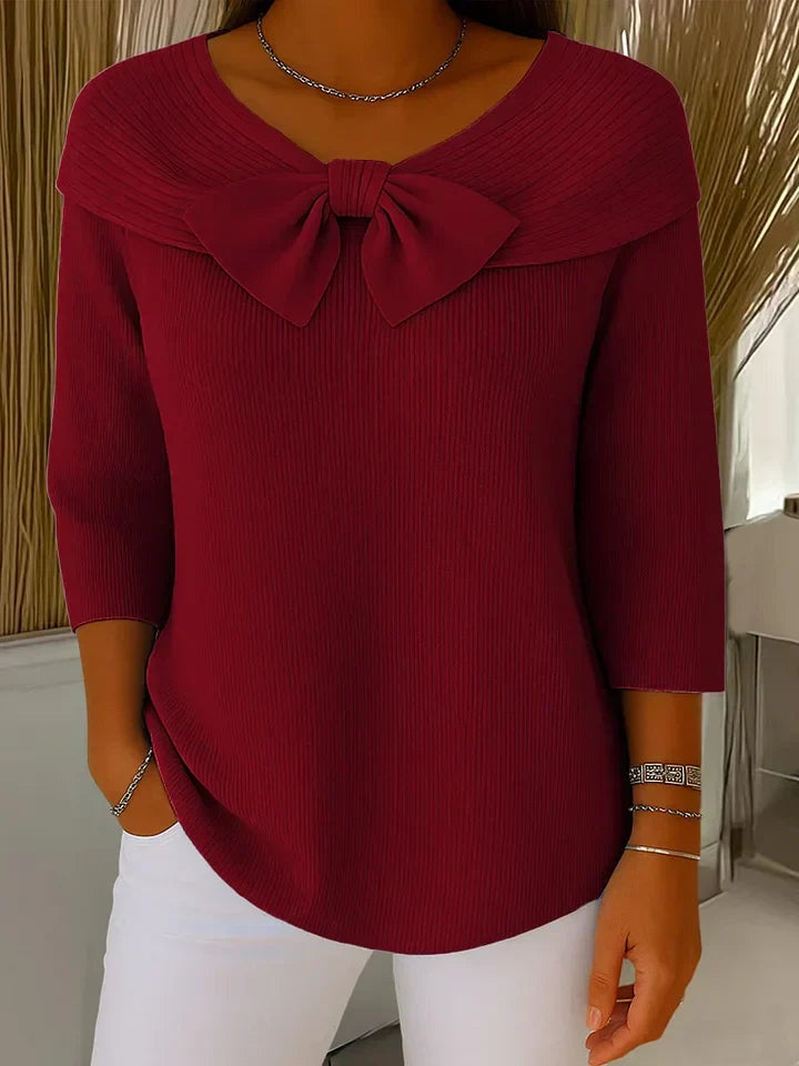 Bardot Chic | Top de Punto con Lazo Mujer Manga 3/4 Cuello Bardot