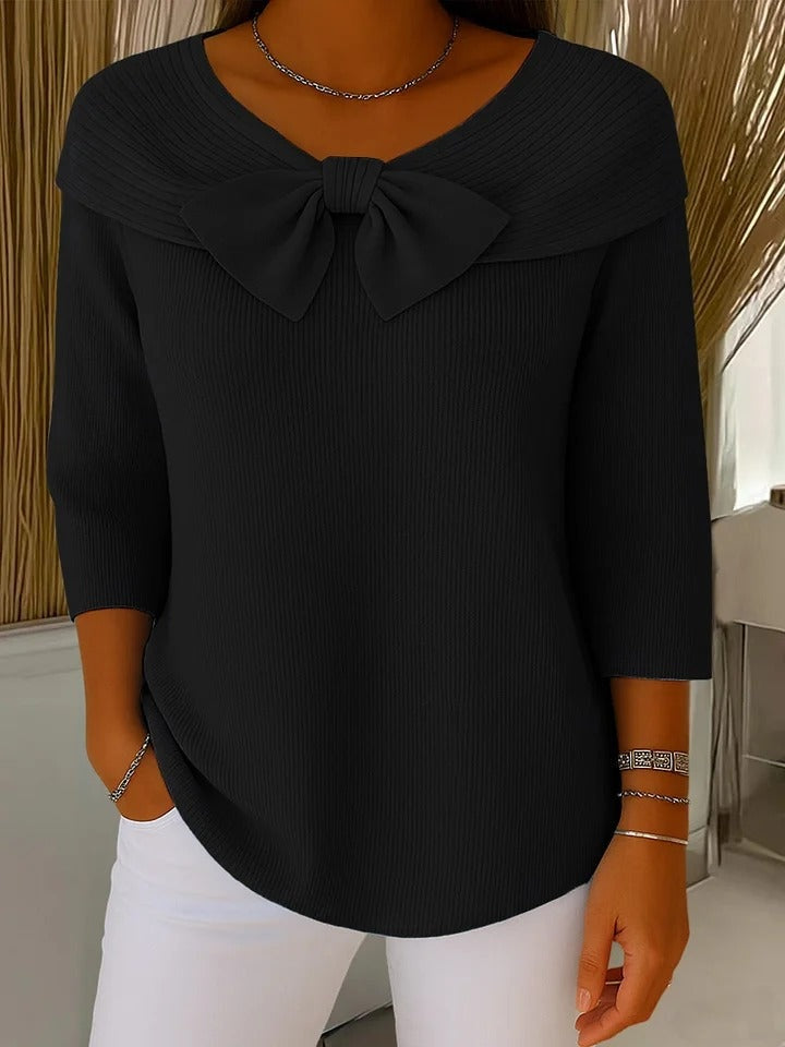 Bardot Chic | Top de Punto con Lazo Mujer Manga 3/4 Cuello Bardot