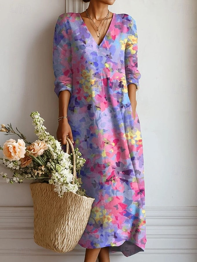 Vestido Boho de Lino Estampado Midi para Mujer