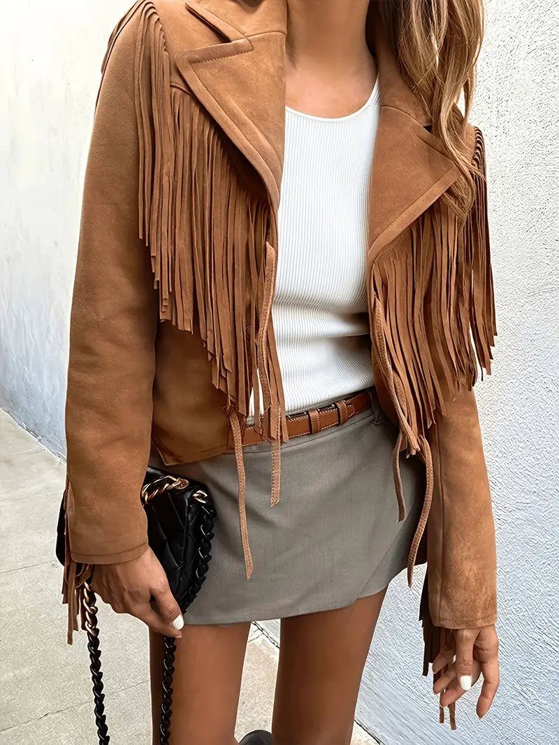 Chaqueta de Ante con Flecos Boho Corta para Mujer