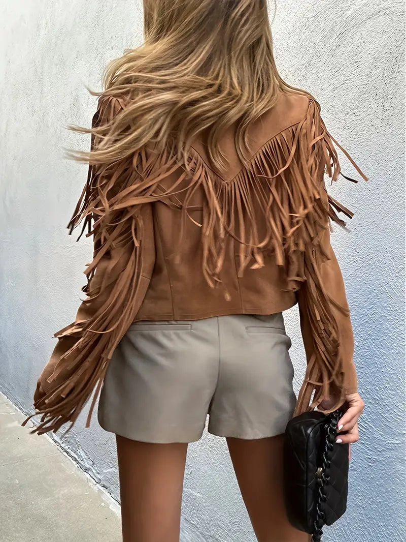 Chaqueta de Ante con Flecos Boho Corta para Mujer