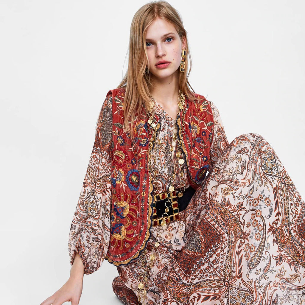 Valentina | Chaleco Largo Boho Mujer Paisley Escote V