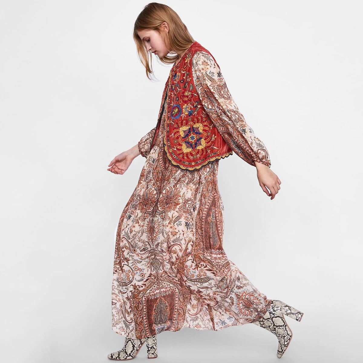 Valentina | Chaleco Largo Boho Mujer Paisley Escote V