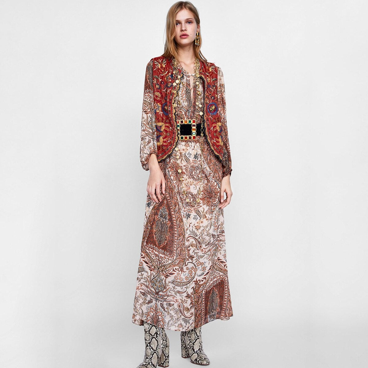 Valentina | Chaleco Largo Boho Mujer Paisley Escote V