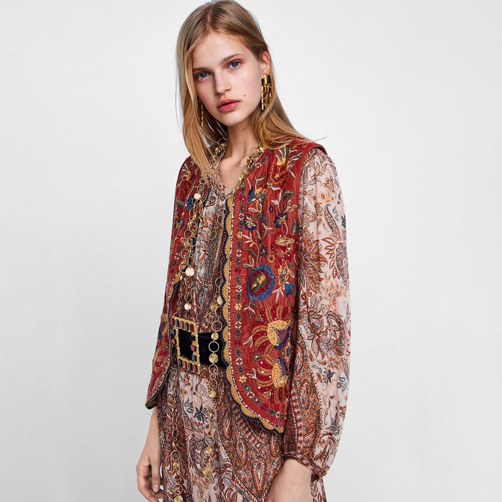 Valentina | Chaleco Largo Boho Mujer Paisley Escote V