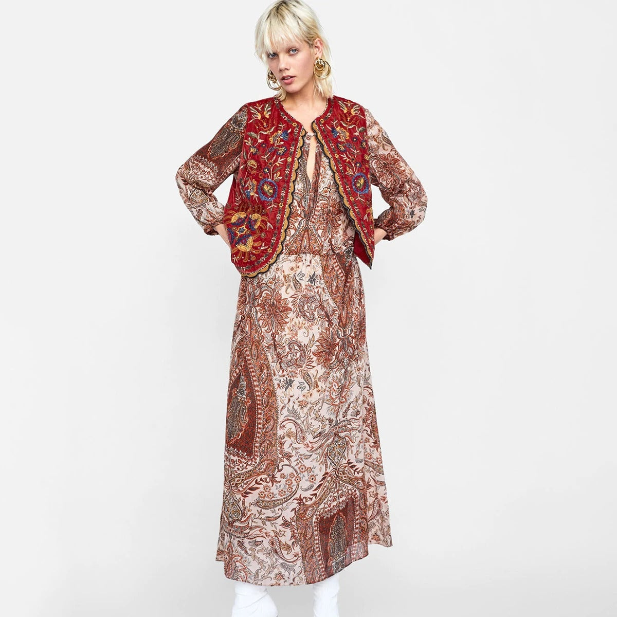 Valentina | Chaleco Largo Boho Mujer Paisley Escote V