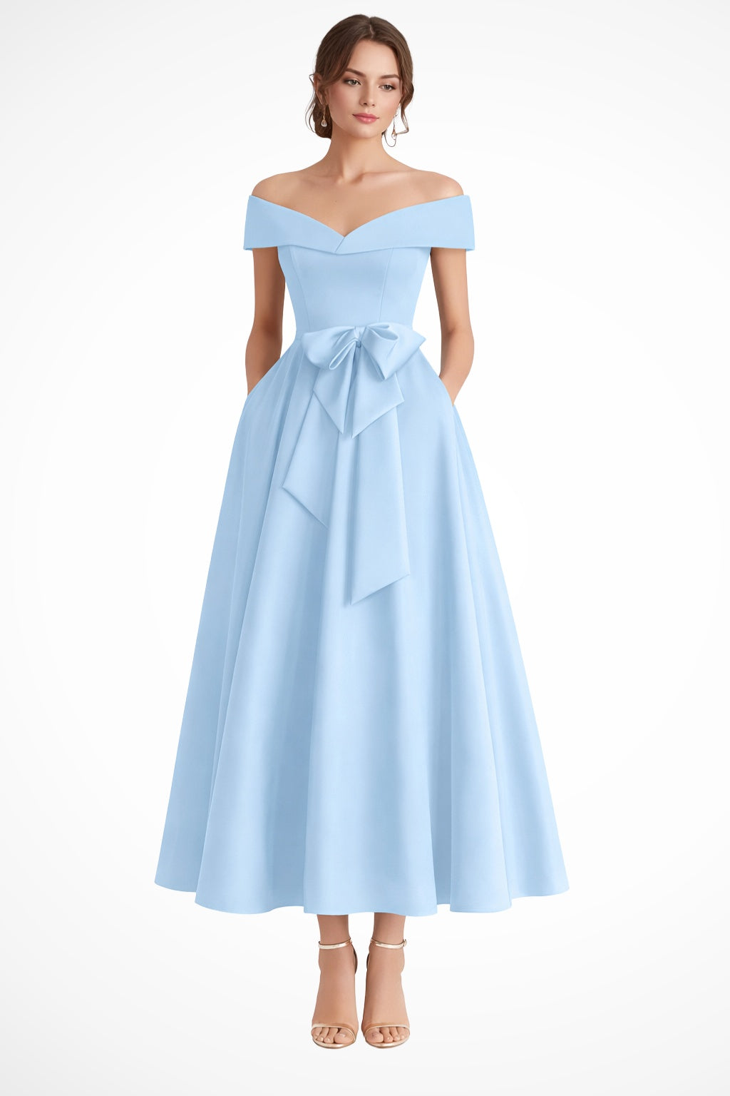 Vestido de Dama de Honor Hombros Descubiertos con Cinturón