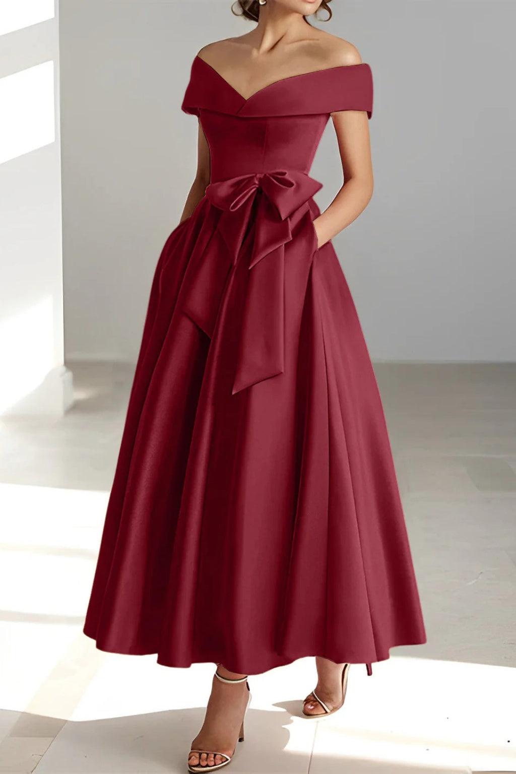 Vestido de Dama de Honor Hombros Descubiertos con Cinturón