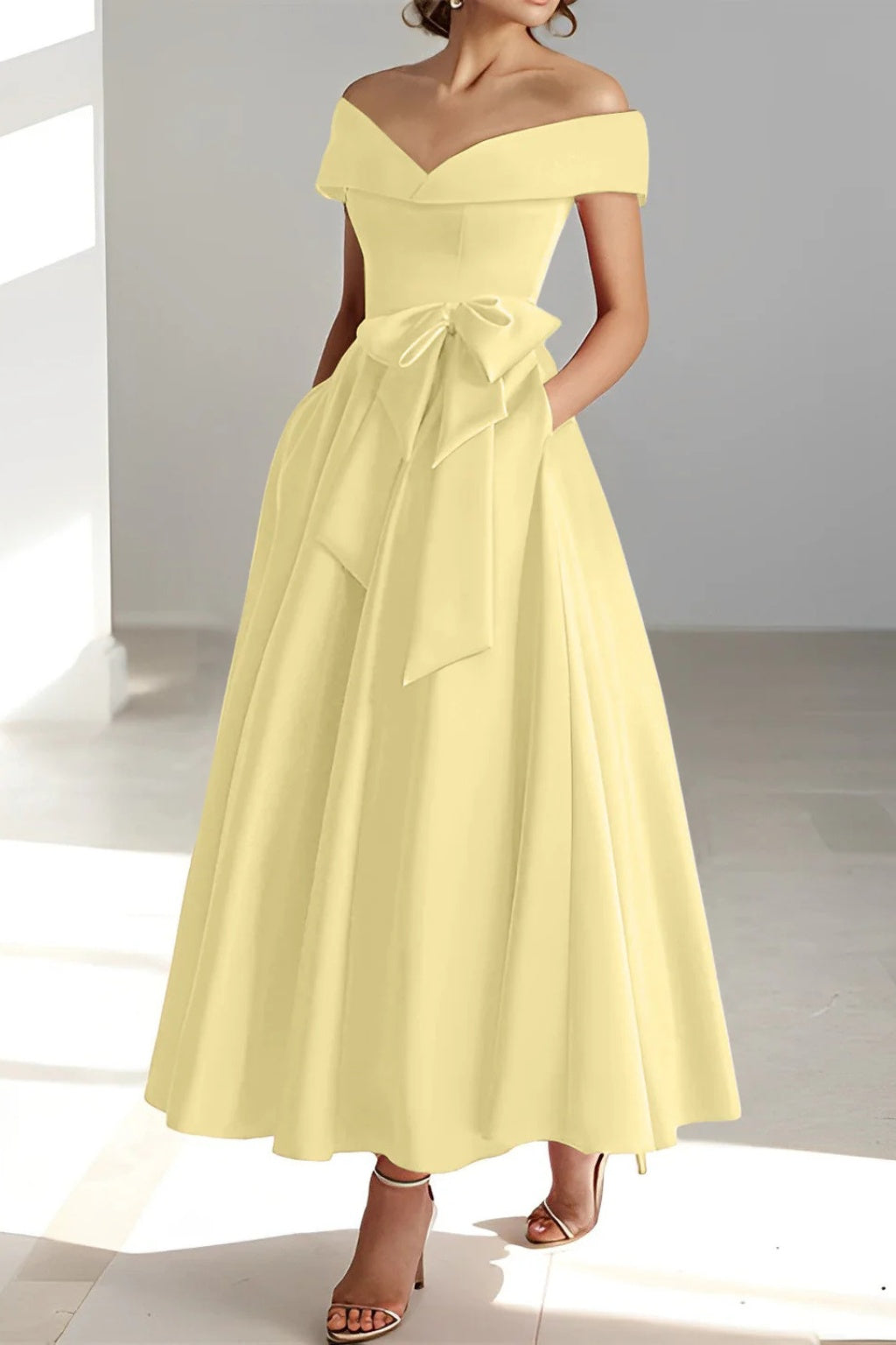 Vestido de Dama de Honor Hombros Descubiertos con Cinturón