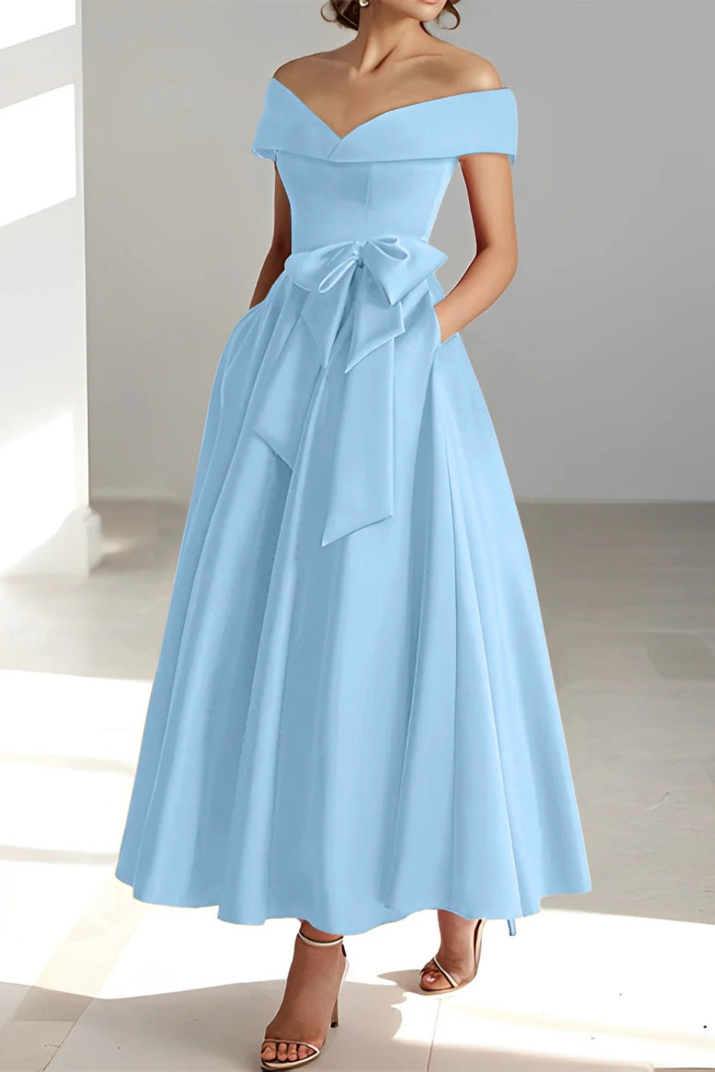 Vestido de Dama de Honor Hombros Descubiertos con Cinturón