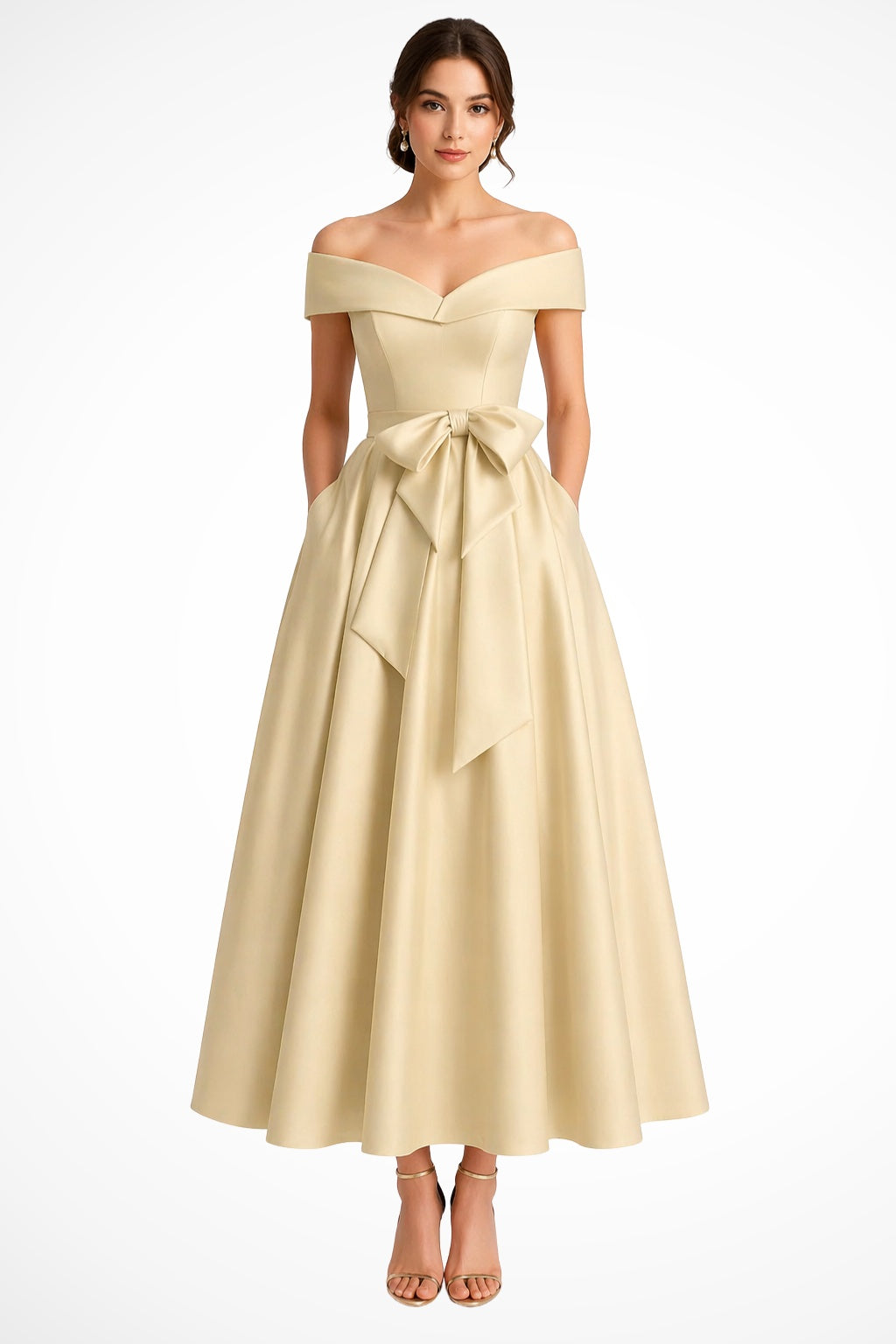 Vestido de Dama de Honor Hombros Descubiertos con Cinturón