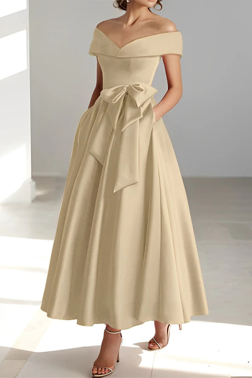 Vestido de Dama de Honor Hombros Descubiertos con Cinturón