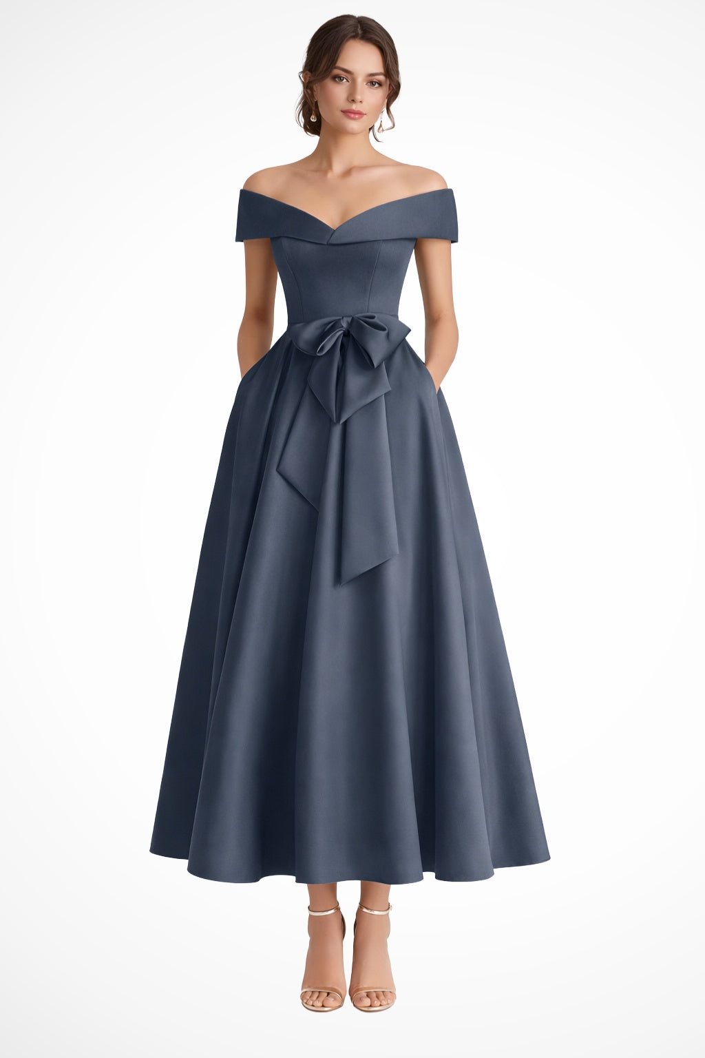 Vestido de Dama de Honor Hombros Descubiertos con Cinturón