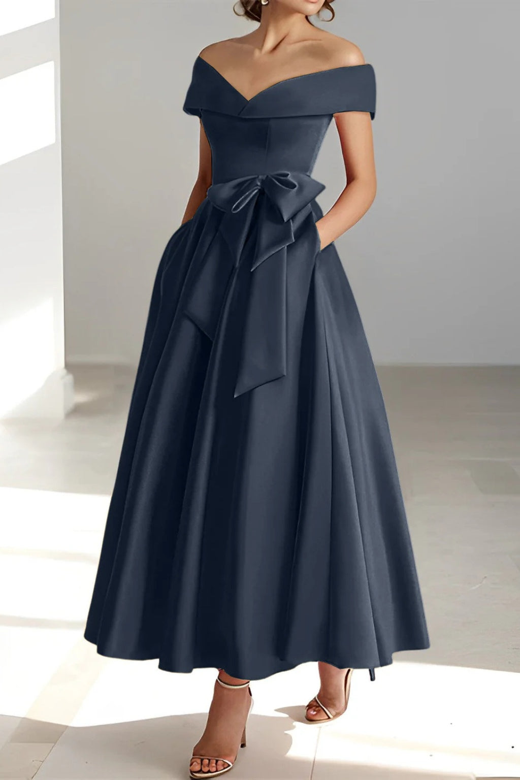 Vestido de Dama de Honor Hombros Descubiertos con Cinturón