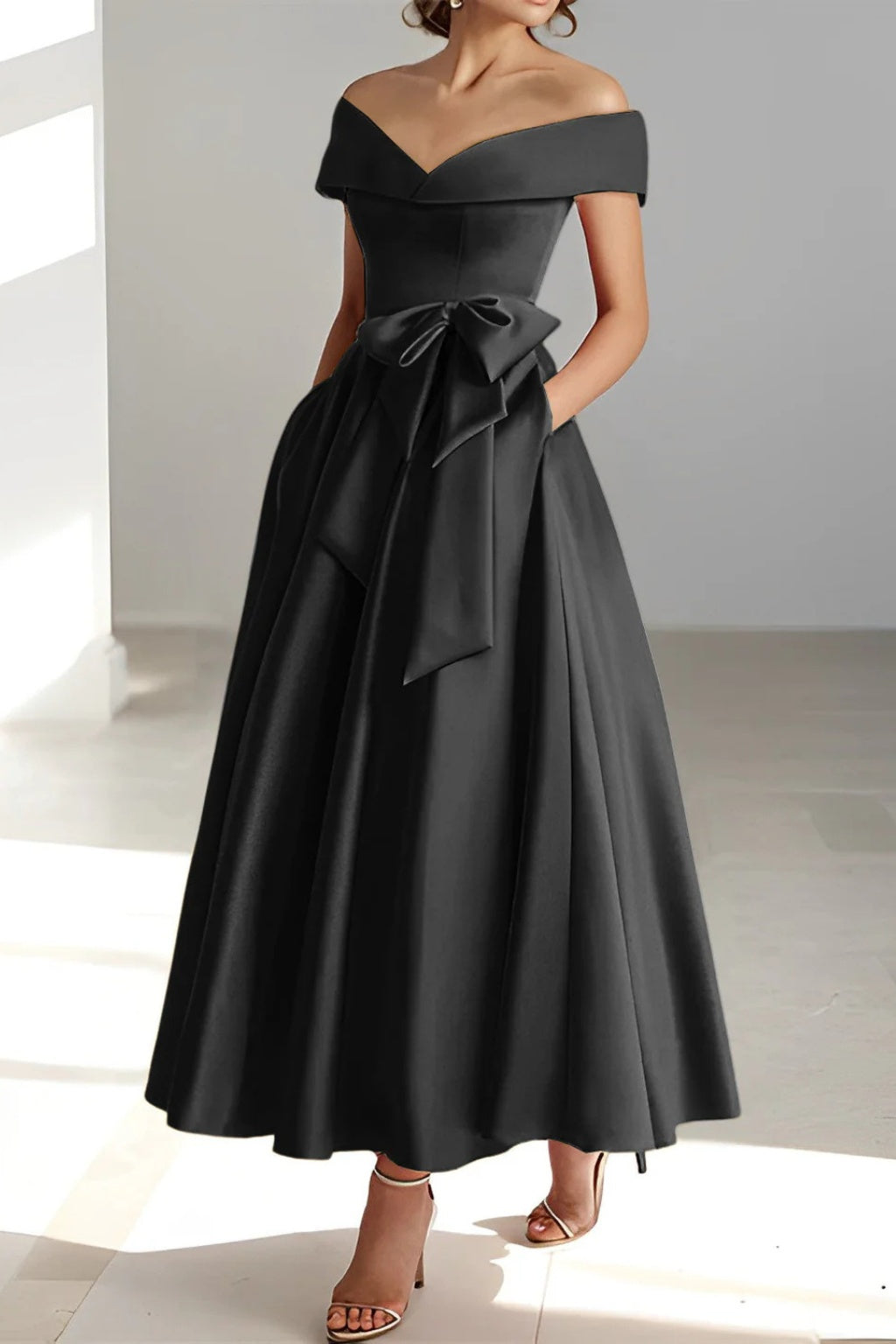Vestido de Dama de Honor Hombros Descubiertos con Cinturón