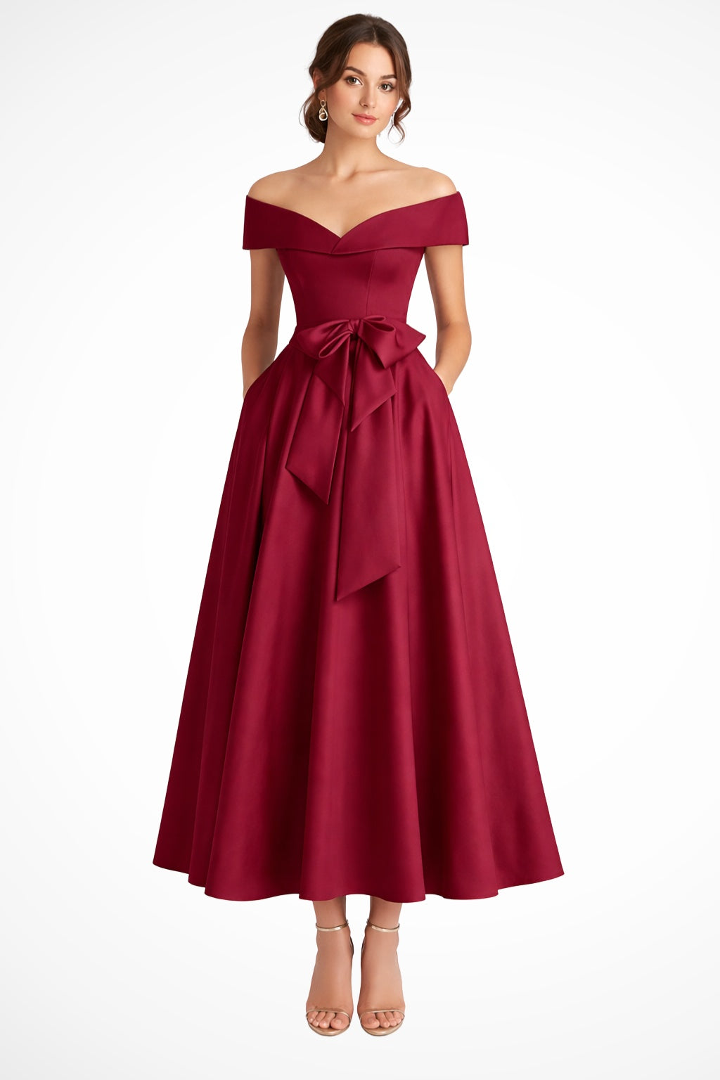 Vestido de Dama de Honor Hombros Descubiertos con Cinturón