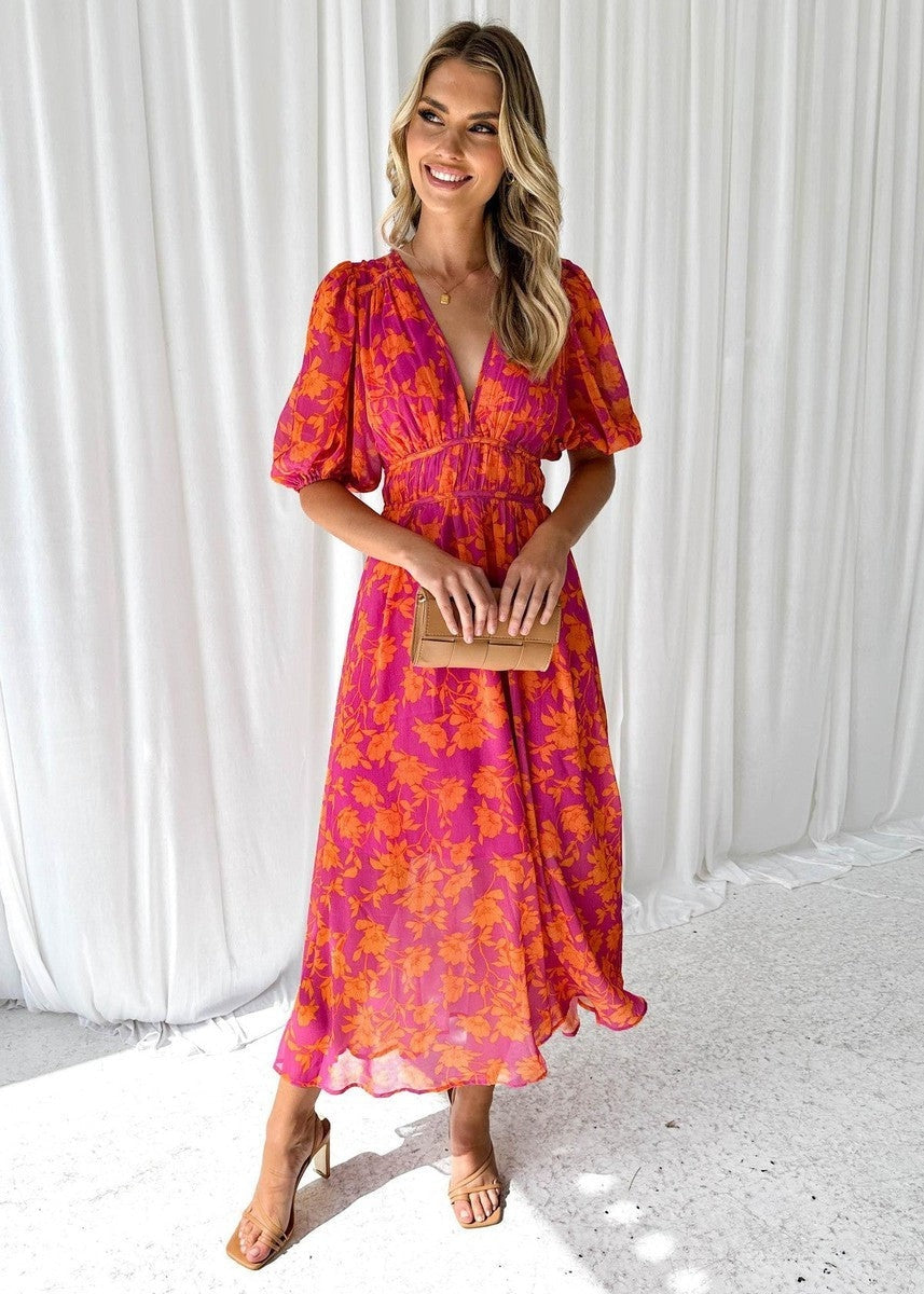 Vestido Largo de Invitada de Boda Estampado Escote V