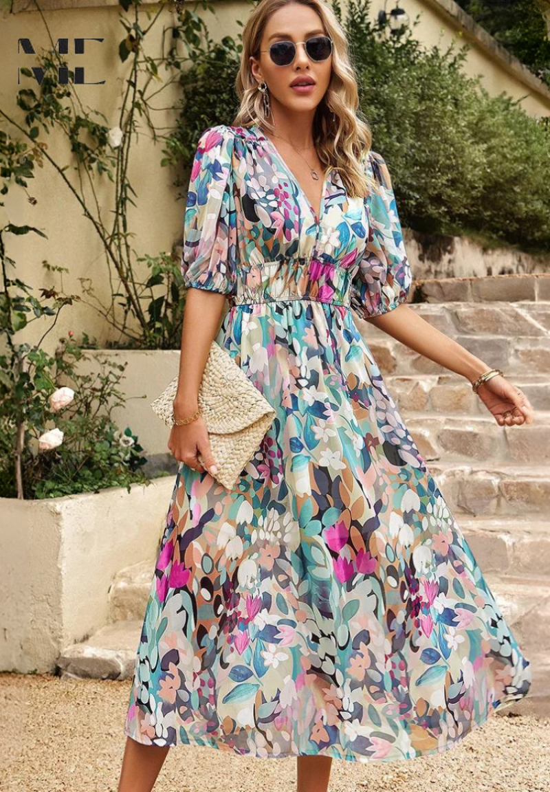 Vestido Midi de Invitada Estampado Floral Escote V