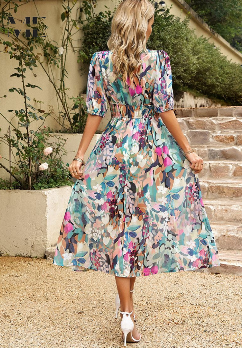 Vestido Midi de Invitada Estampado Floral Escote V