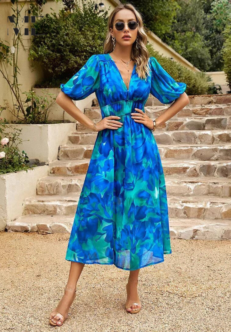 Vestido Midi de Invitada Estampado Floral Escote V