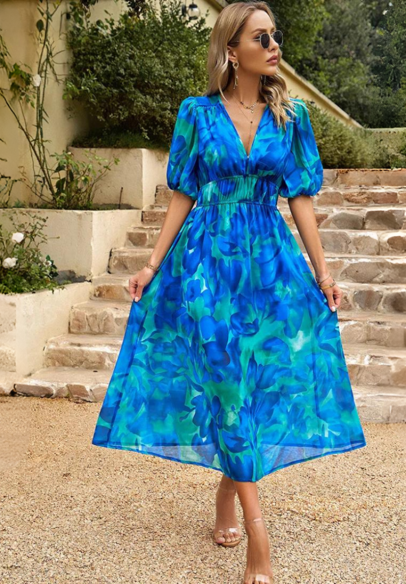 Vestido Midi de Invitada Estampado Floral Escote V