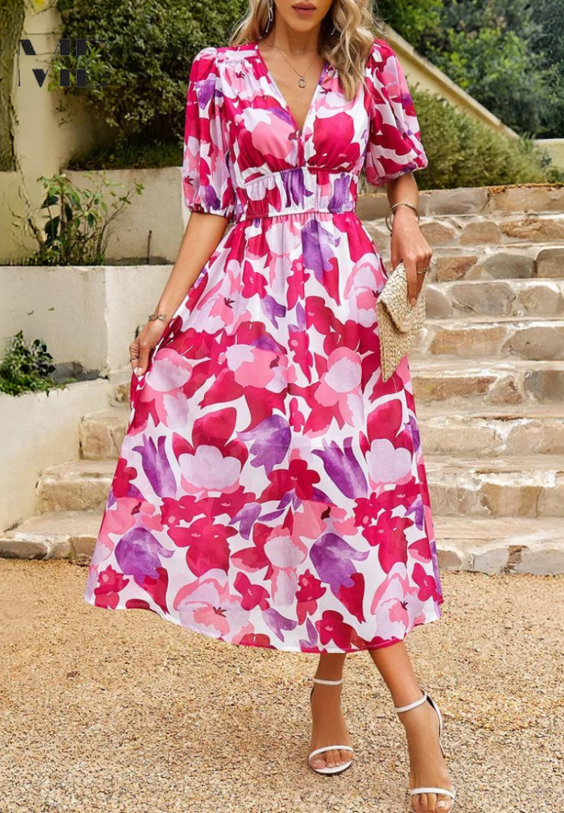 Vestido Midi de Invitada Estampado Floral Escote V