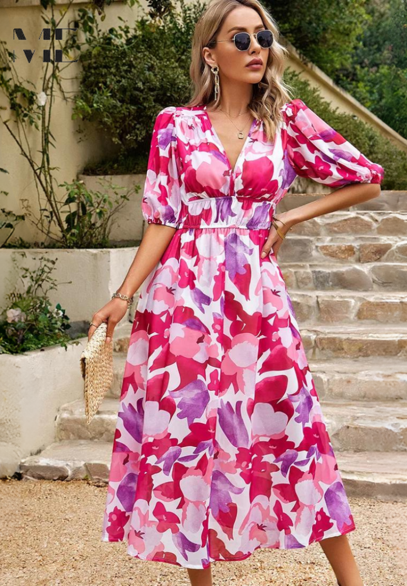 Vestido Midi de Invitada Estampado Floral Escote V