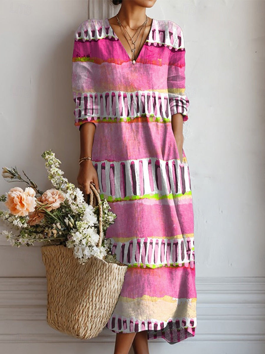Vestido Boho de Lino Estampado Midi para Mujer